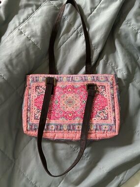 Pink Paisley Pattern Tote Bag with Brown Straps